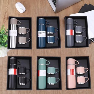 Business 304 Stainless Steel Vacuum Thermos Cup Set, One Cup, Three Lid Gift Straight Cup, Portable Outdoor Gift Box Set