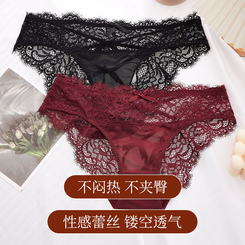 Foreign Trade Sexy Lace Women's Underwear Cross Hollow Low Waist Bikini Pants Temptation Hip Triangle Half Hip Women