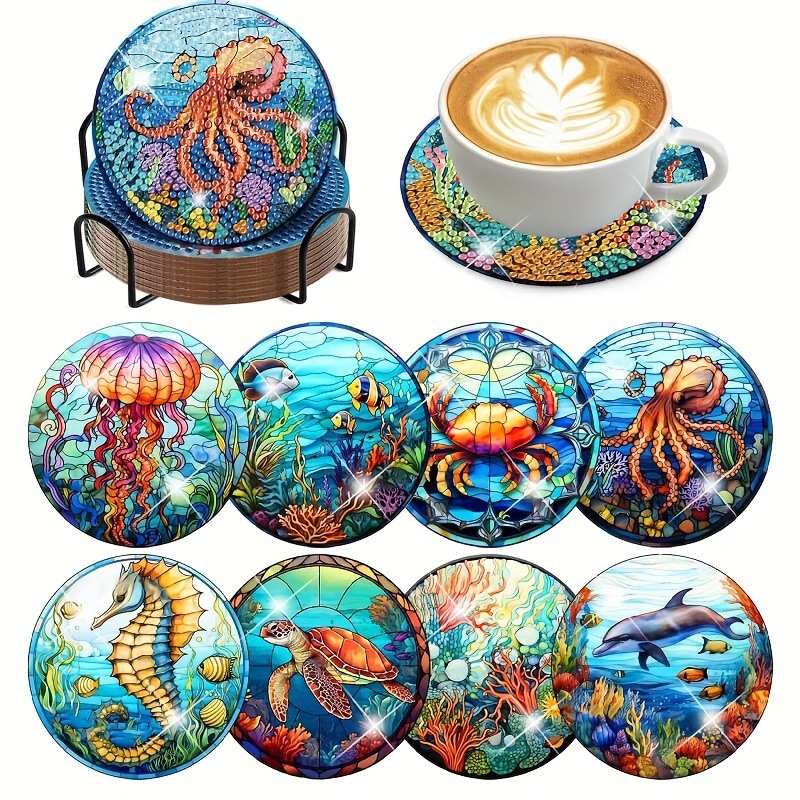 Ventas transfronterizas calientes de 8 piezas de conjunto de cojín de taza de arte de diamante, con soporte, pequeño conjunto de pintura de diamante, adecuado para adultos