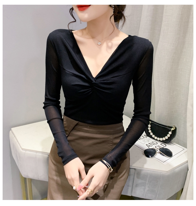 T-shirt da donna slim in rete a maniche lunghe con camicia slim a fondo incrociato_voghion.com