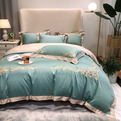 2021新款长绒棉简约刺绣纯棉四件套全棉贡缎欧式绣花套件床上用品