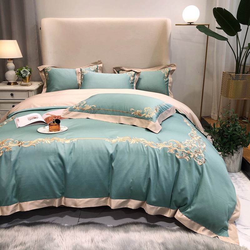 2021新款长绒棉简约刺绣纯棉四件套全棉贡缎欧式绣花套件床上用品