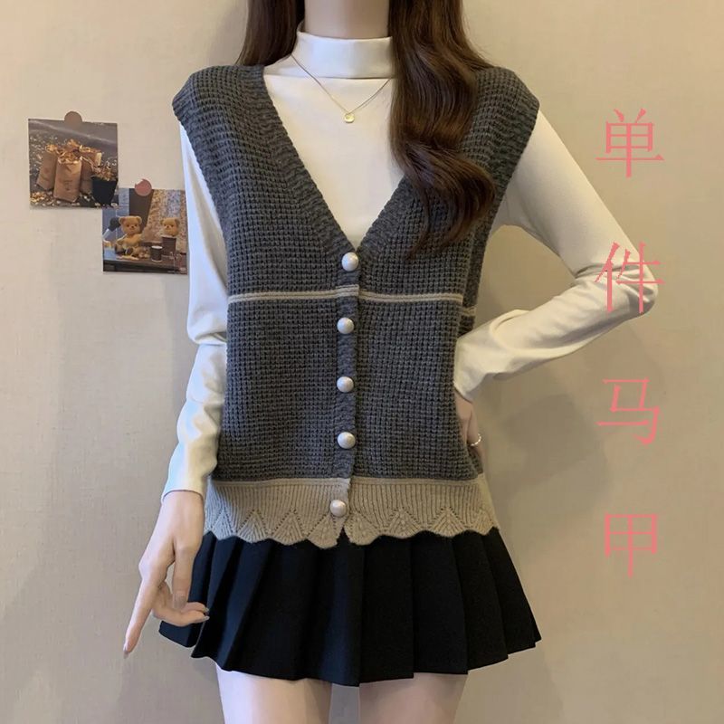 秋季学院风V领针织开衫马甲外套背心毛衣女百搭单排扣叠穿上衣潮|undefined