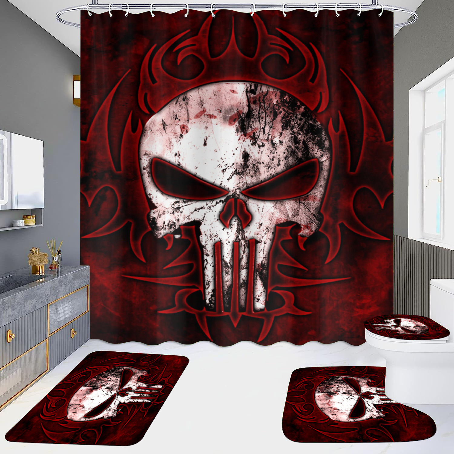 Cortina de ducha de suministro directo transfronterizo conjunto de cuatro piezas hd impermeable sin perforaciones baño hotel baño partición cortina wansheng cráneo