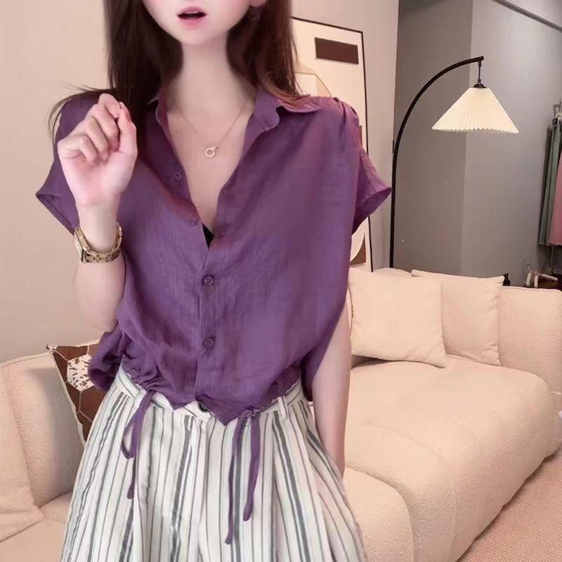 2026 Summer New Style Elegant Light Luxury Casual Tops for Women with Fashionable Drawstring Hem Design and Waist-Cinching Slimming Shirt