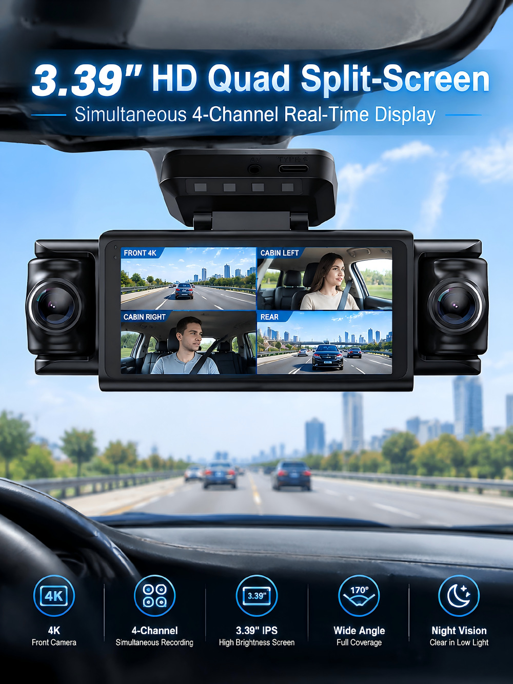 Cross-border 4K dashcam with 5G WiFi, 4-channel recording, front and interior cameras, fisheye wide-angle lens, and ADAS/ BSD driver assistance features