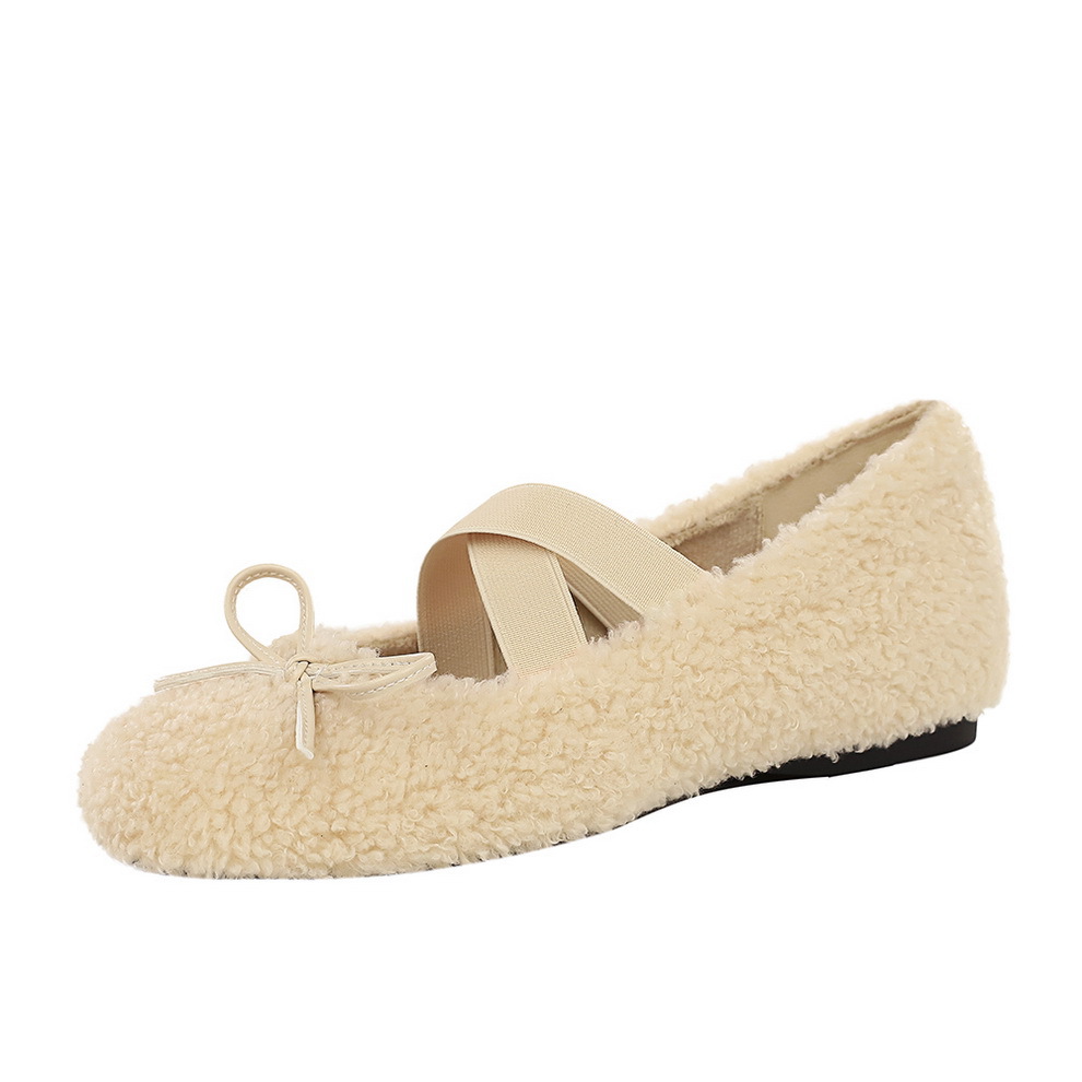 836-32 Women's Hairy Shoes with Butterfly Knot Versatile Inner Height Increase and Velvet Warmth Outer Cotton Shoes Round Head Plush Single Shoes