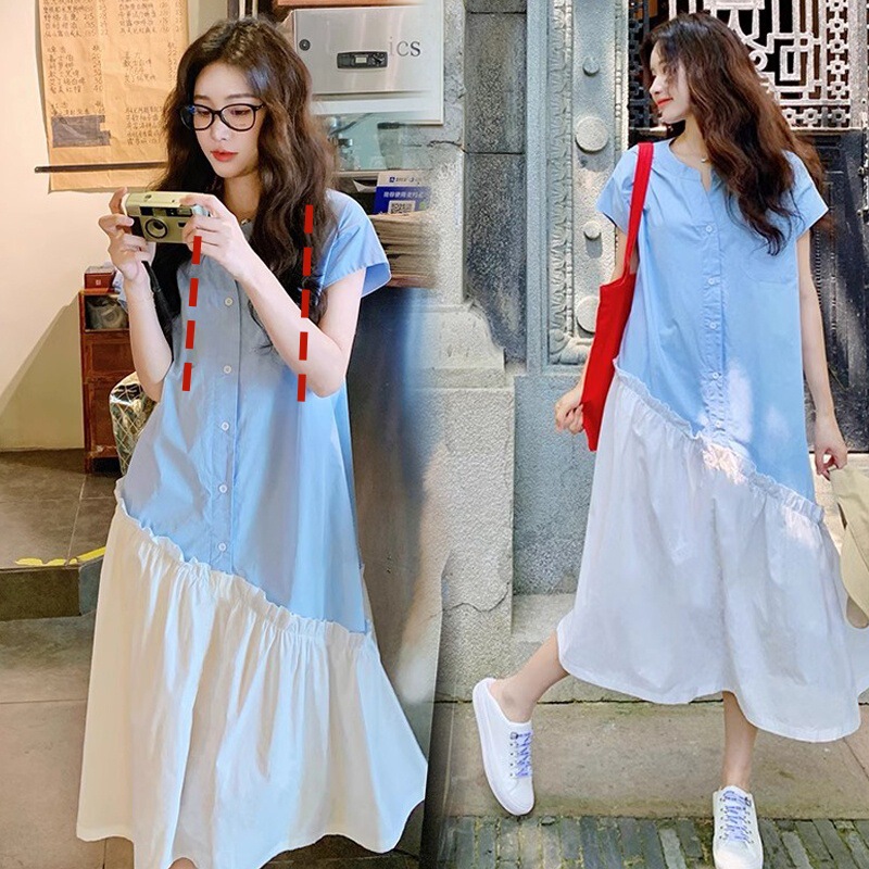 Breastfeeding Dress New 2025 Summer Design Sense Irregular Contrast Color Spliced Skirt Single-breasted Shirt Long Breastfeeding Dress