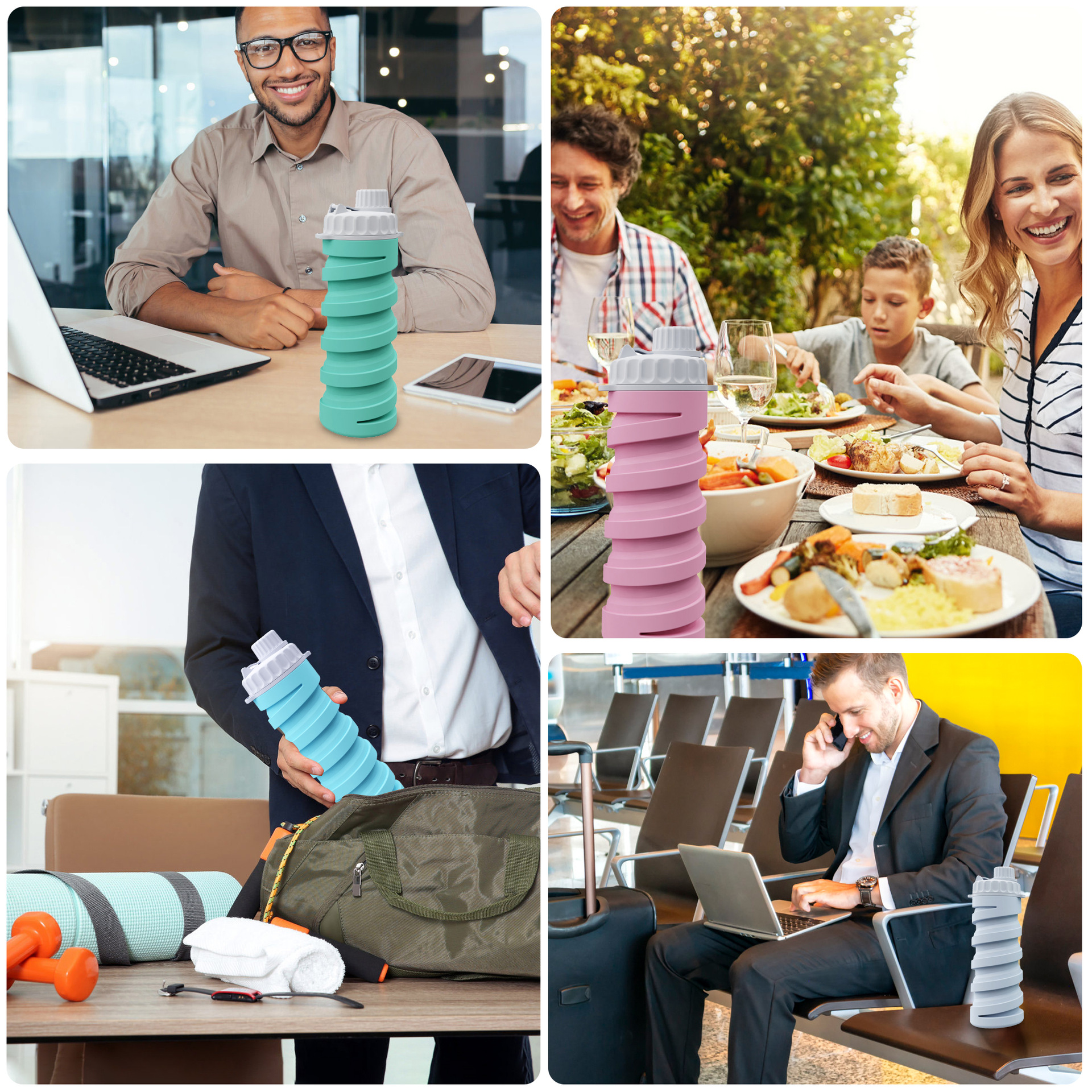 Taza de agua plegable de silicona de doble bebida portátil Botella de agua para deportes al aire libre 500ml Regalo de viaje Pajita de botella de agua telescópica