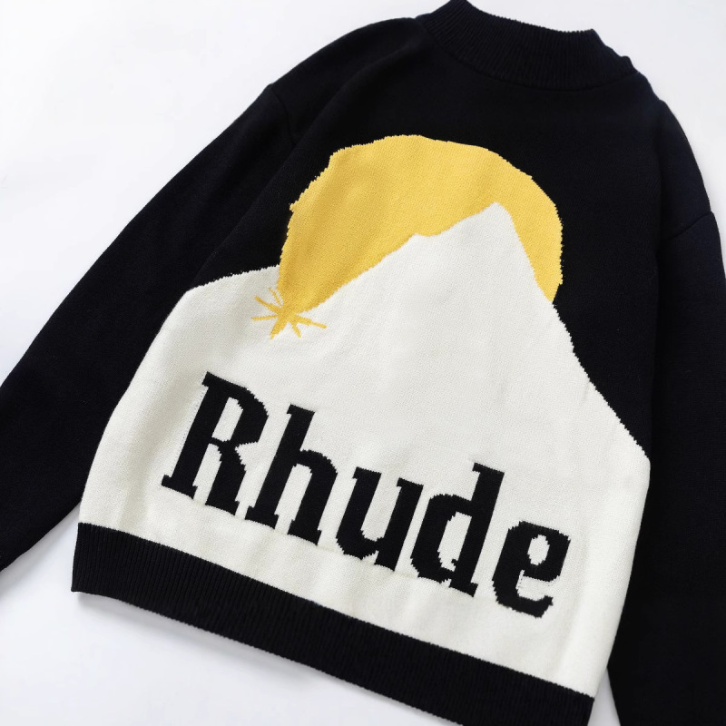 25S跨境潮牌RHUDE日落雪山字母提花开衫连帽毛衣男女针织毛衫外套|undefined
