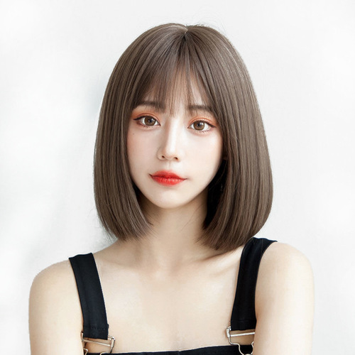 Female Internet celebrity bobo short straight hair temperament buckle Korean girl full headgear hair cover air bangs fake headgear