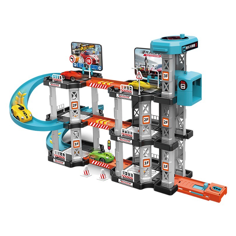 Rail car toy parking lot children's gas station pieces assembled DIY city Panshan Road entrance Catapult sports car