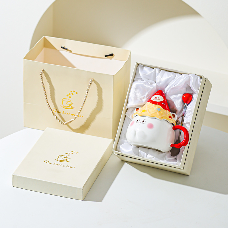 Taza de caricatura de cerámica de alta cara, taza de regalo para una amiga, taza de corazón de una niña, taza de desayuno casera