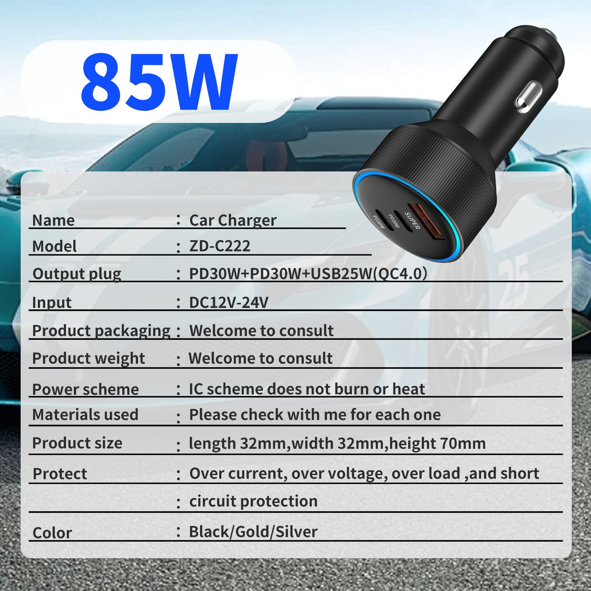 85W Aluminum Alloy Car Charger USB+Dual PD Multi-port Smart Cigarette Lighter One-to-Three Mobile Phone Fast Charging Car Charger