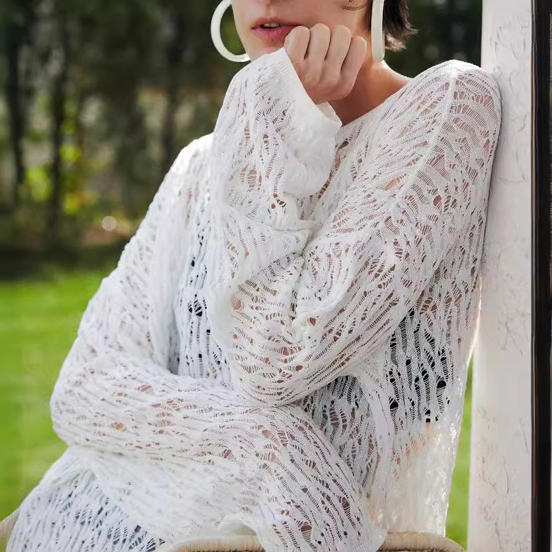 Opening/Indian-Grade Fine-Staple Cotton Fairy-Like and Translucent Chao Lightweight Woven Cut Out Loose Knitted Mermaid Blouse