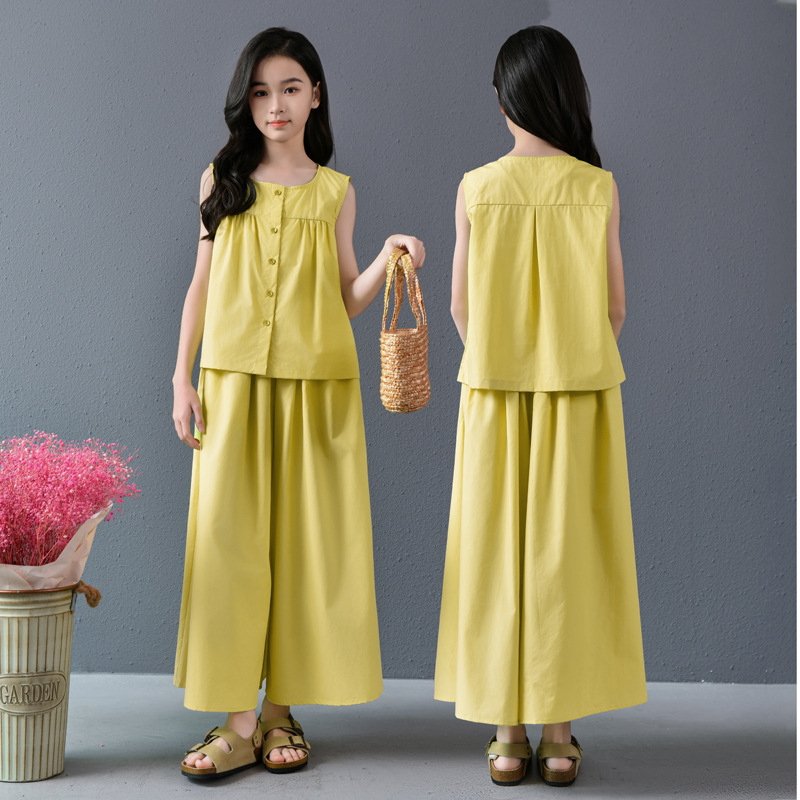 Traje para niñas verano fresco sin mangas pantalones anchos traje de dos piezas para niños grandes traje de pantalones cortos literarios para mujeres Tiansi Cotton