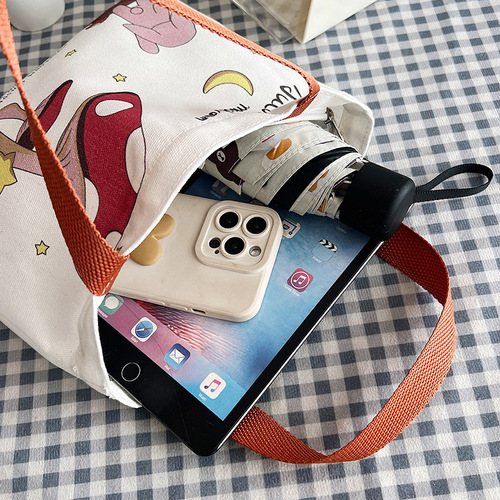 Canvas bag female cartoon printed handbag Korean style cute small shoulder bag fashion ladies bag literary casual canvas bag
