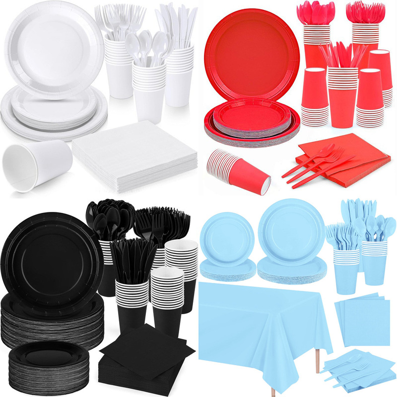 Spot Colorful Pure Color Birthday Party Disposable Tableware Set Wedding Holiday Supplies Picnic Paper Cups and Plates