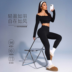 新款瑜伽服花边小坎肩长袖女紧身舒适训练运动上衣跑步健身瑜伽服