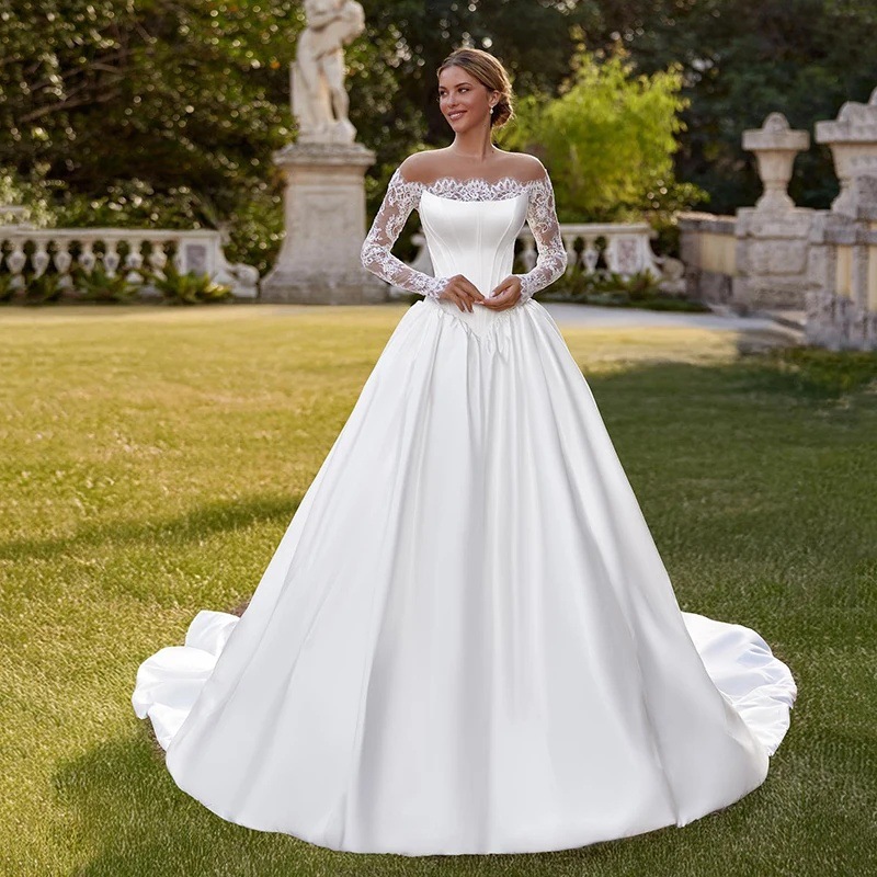 Aliexpress Cross-Border One-Shoulder Wedding Dress Long-Sleeved Lace Bridal Ball Elegant Elegant Satin Tail White Simple