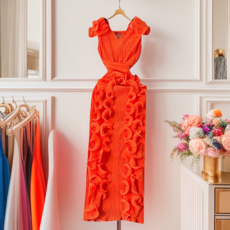 Cross-border Banquet High-end Dress High-end Light Luxury Niche Pleated Three-dimensional Ruffled Slim-fit Long Elegant Dress Cross-border Banquet High-end Dress High-end Light Luxury Niche Pleated Three-dimensional Ruffled Slim-fit Long Elegant Dress