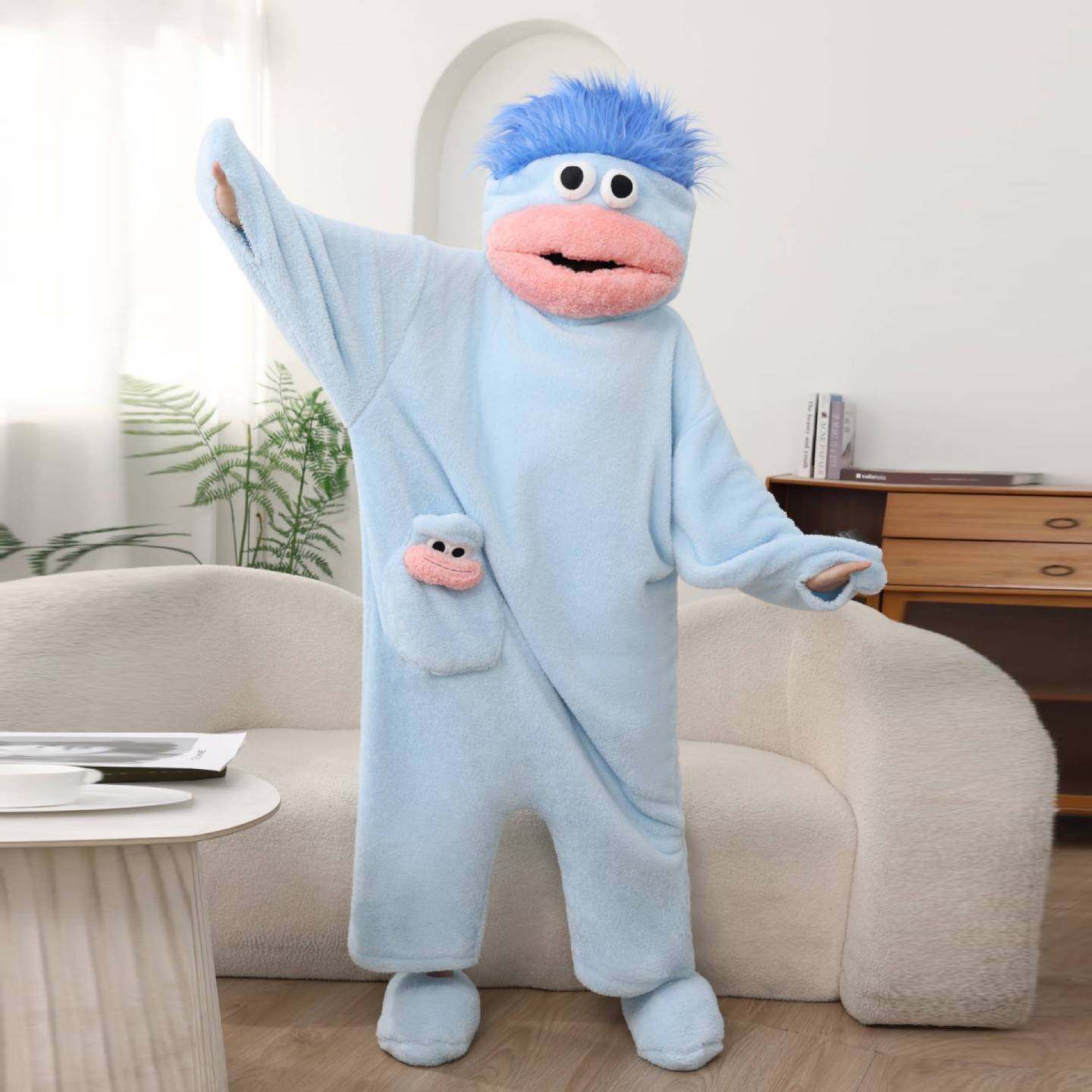 Big Mouth Monster Coral Fleece One-Piece Pajamas for Women, Winter Thickened and Warm, Abstract Design, Can Be Worn Outside, Home Wear with Comb