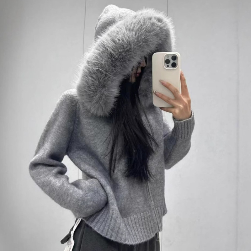 Knitted Sweater Jacket for Women, Spring and Autumn New Style, High-End Korean Style, Hooded Fur Collar, Zipper, Loose Long-Sleeved Sweater Cardigan