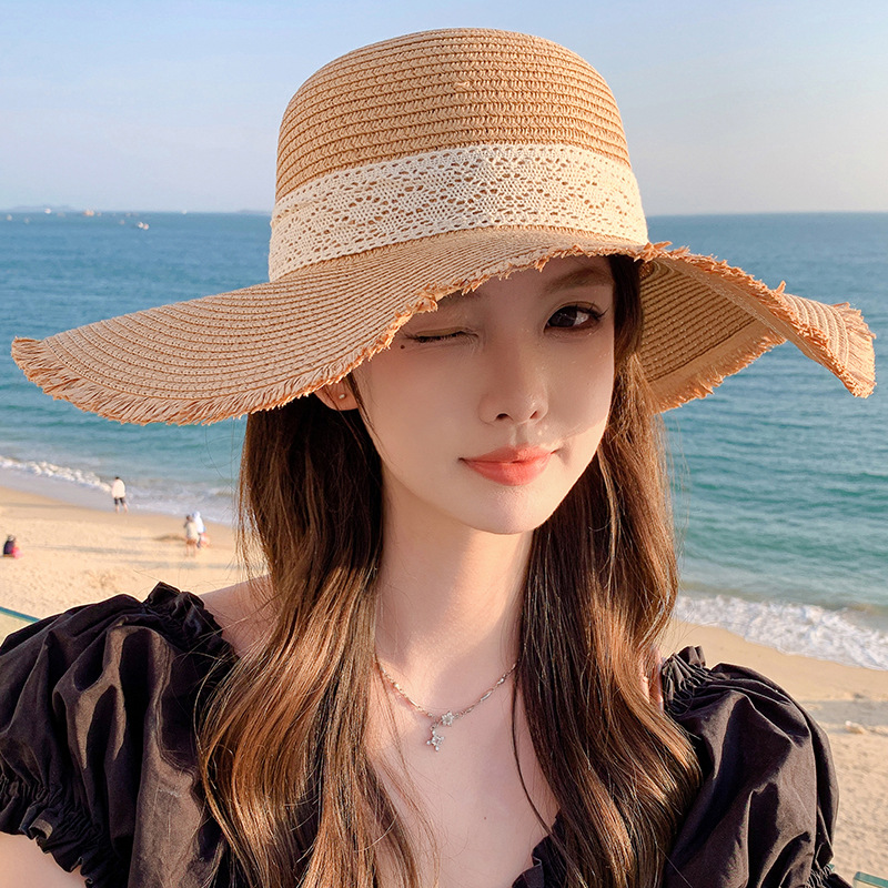 Korean Version of Small Fresh Sweet Fashionable Sunshade Hat for Women in Summer Large Brimmed Ribbon Outdoor Hat Large Brim Sun Hat Straw Hat_voghion.com