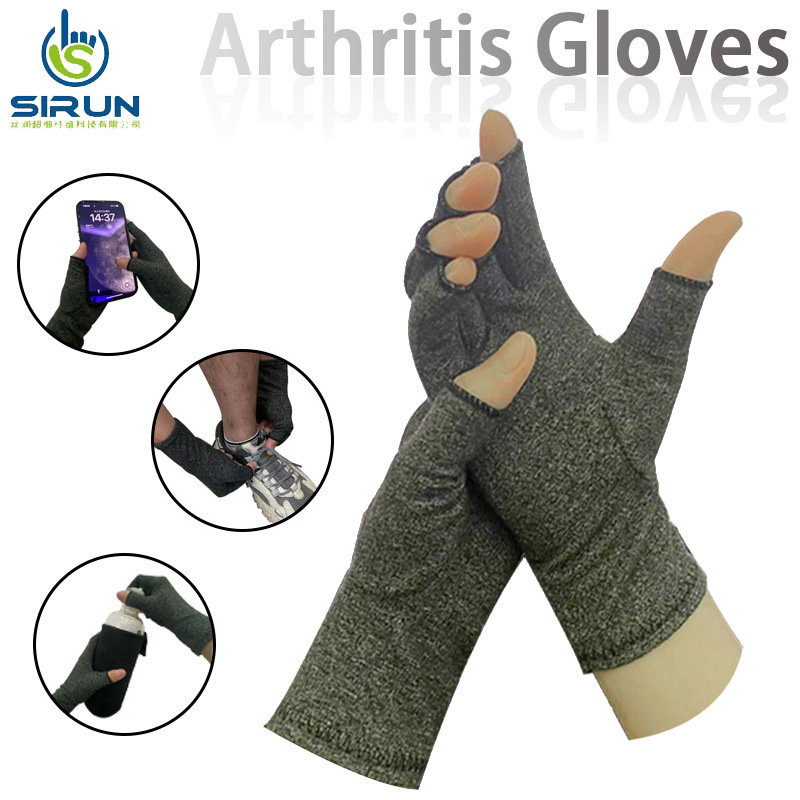 Transfronterizo Amazon cáñamo gris medio dedo guantes de salud ciclismo fitness inflamación cuidado de las articulaciones guantes de presión punto cuentas antideslizante