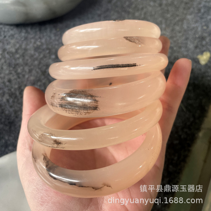 天然阿富汗玉藕粉玉鐲圓條美人條藕粉色玉手鐲子女款飄墨玉鐲禮品