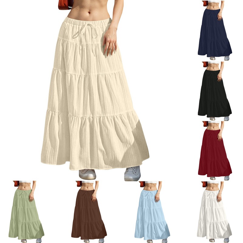 Amazon cross-border European and American women's drawstring elastic waist solid color a multi-color stitching women's half-length skirt