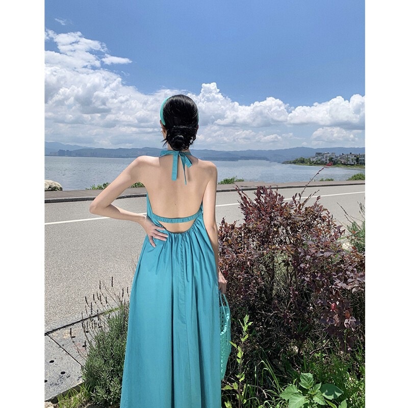 Sanya Seaside Resort Style Sexy Backless Halter Dress Summer Thailand Bali Beach Fairy Long Dress