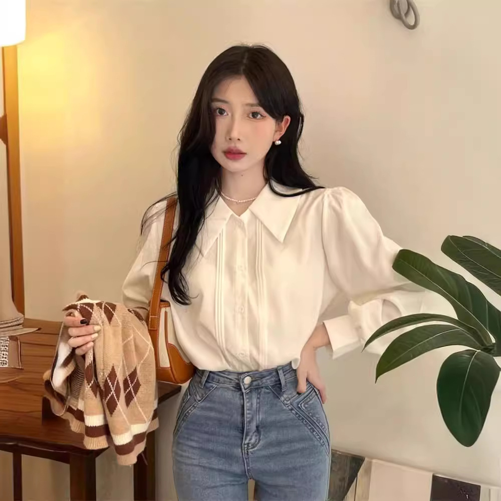 High-end White Shirt for Women, Spring & Fall Inner Design, Niche polo Collar Long-sleeved Shirt, Personalized Chiffon Top