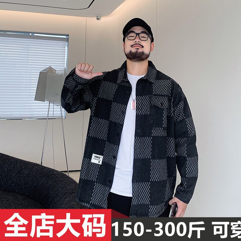 Extra Large Size 150kg Checkerboard Long-sleeved Shirt Men's Spring & Fall New Loose Trendy Brand Casual Jacket Trendy