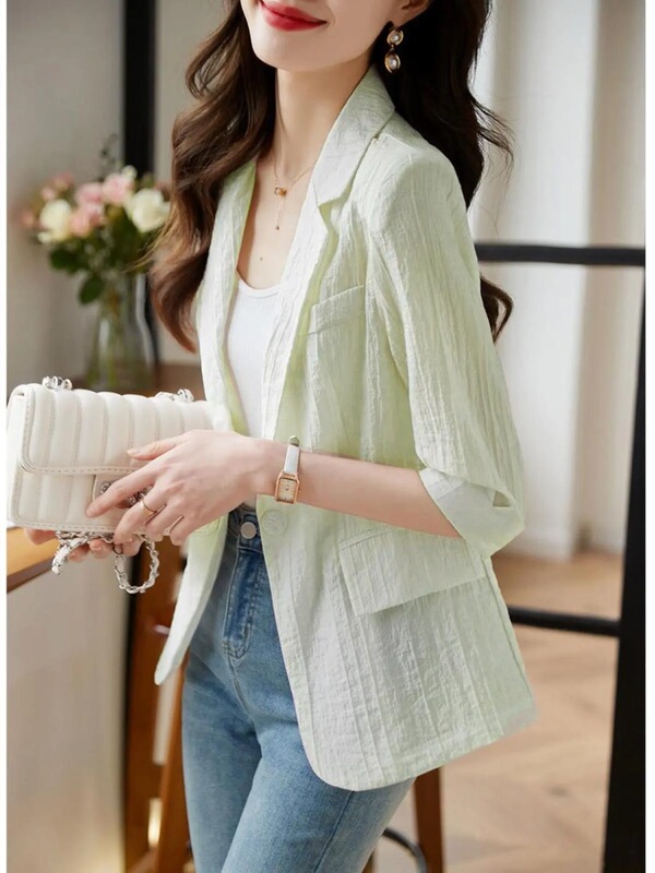 Solid Color Chiffon Five-Quarter Sleeve Blazer for Women 2026 Summer New Trendy Casual Sun-Protective Thin Top in Apricot Color