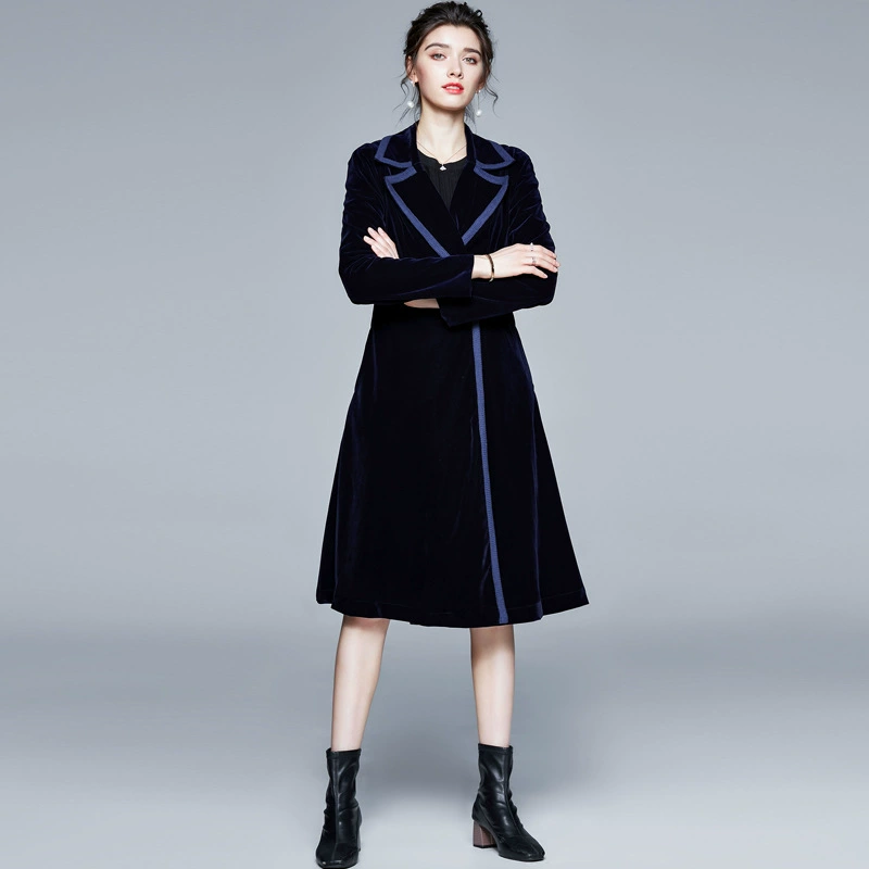 Velvet trench coat, long skirt, blue burgundy black jacket, European style