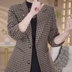 一件代发2025秋装新款时尚翻领洋气格子宽松显瘦小西装外套上衣女