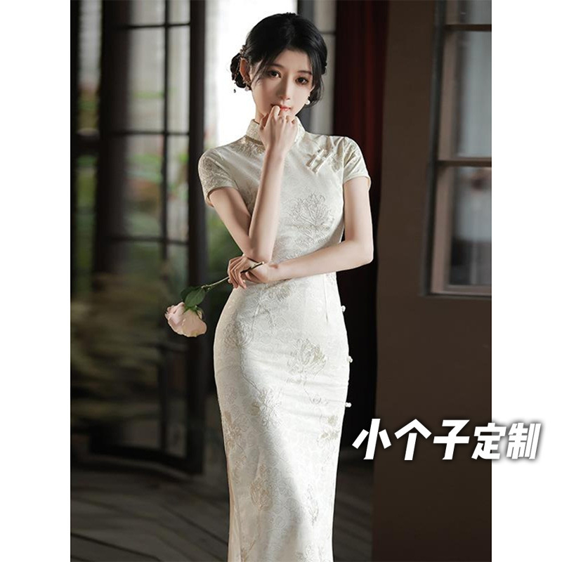 150 Short New Chinese Style Suya Style Improved Cheongsam dress Women's Waist A- Shaped Split Hip Mid-Length LY