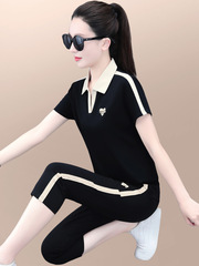 運動服套裝女夏季2023新款洋氣顯瘦翻領短袖七分褲休閒跑步兩件套