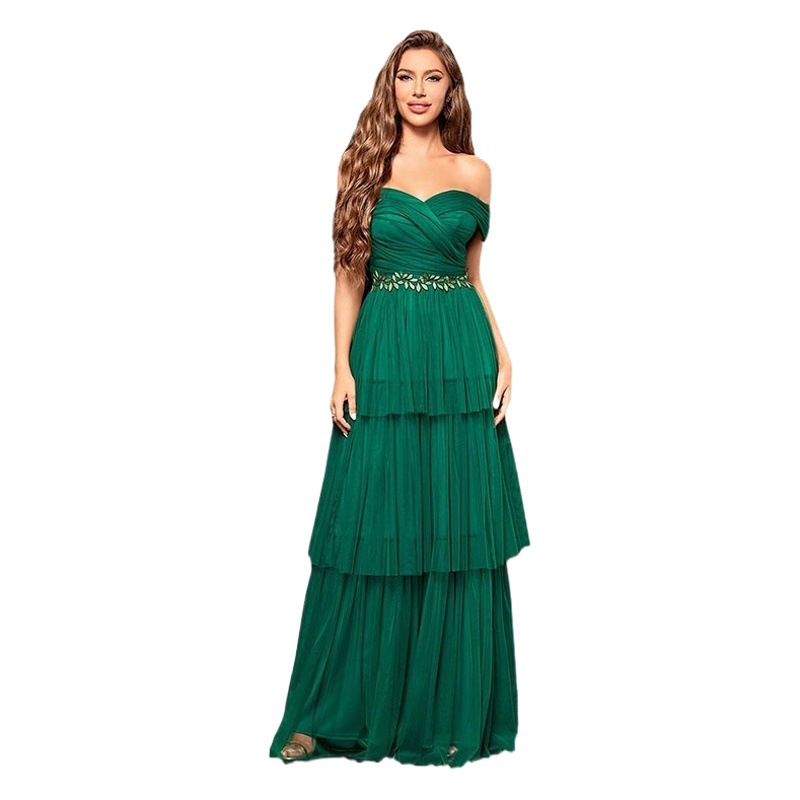 Vestido de noche estilo francés, nuevo modelo sin tirantes, elegante vestido de noche con hermoso diseño, vestido de malla, venta al por mayor de una sola pieza.
