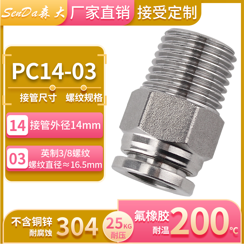 Conectores de tubería de aire de acero inoxidable, inserción rápida neumática con rosca a través de hilo interno, manguera de alta presión, conexión rápida PC/PCF