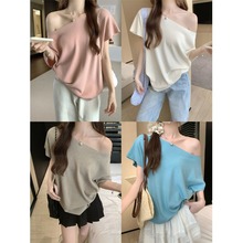 斜肩蝙蝠袖针织T恤女夏季2025新款慵懒风宽松显瘦设计感短袖上衣