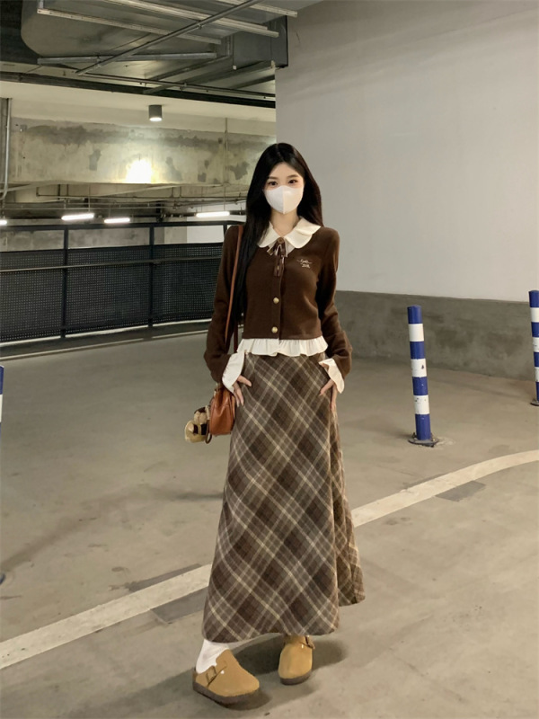 假两件针织上衣秋冬新款减龄学院风遮肚显瘦半身裙两件套女|undefined