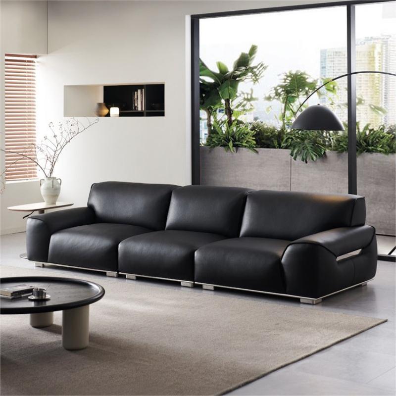 Sofá de bisón minimalista italiano negro recto sofá de cuero, sofá de cuero de vaca, sala de estar diseñador de sofá combinación