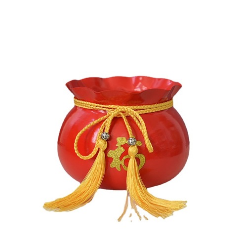 New Year's Fortune Pot, Chinese Fortune Insert Flower Pot, Metal Iron Pot, Flower Pot for Planting, Decorative Pot with Silver Willow and Wintergreen, Hug Pot, Red