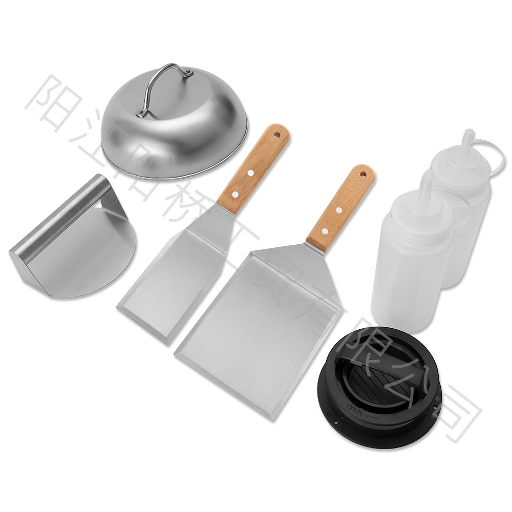 Amazon Hot Sale Set BBQ al aire libre hamburguesas prensado parrilla completa de acero inoxidable mango de madera herramientas de parrilla