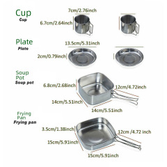 Outdoor 6-Piece Set Tableware Camping Picnic Stainless Steel Cookware, Bowls, Plates, Foldable Pot, Bowl, Cup Set
