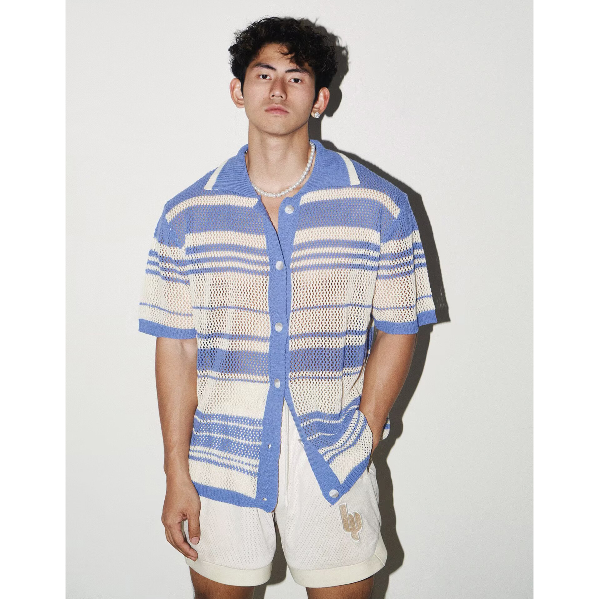 Polo camiseta de manga corta camiseta de punto hombre Cardigan rayas huecas camiseta de negocios británico comercio exterior al por mayor transfronterizo