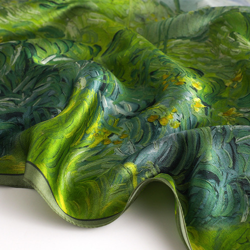 Green pastoral style mulberry silk high-end silk printed thin long scarf temperament silk scarf shawl dual use for mom