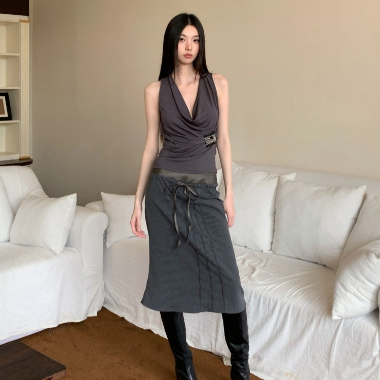 Gray Sleeveless Beaded Vintage Top with Draped Collar + Striped Patchwork Waistband Skirt Gray Sleeveless Beaded Vintage Top with Draped Collar + Striped Patchwork Waistband Skirt